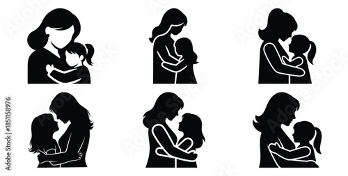 mother and daughter love vector art icon set. Black color  and white background