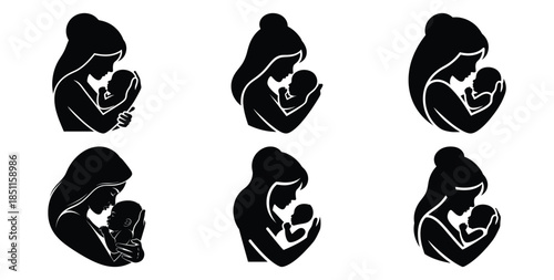 mother and newborn vector art icon set. Black color  and white background