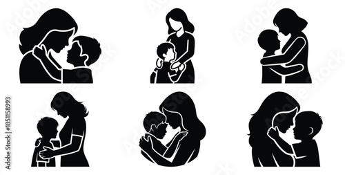 mother and son bonding vector art icon set. Black color  and white background