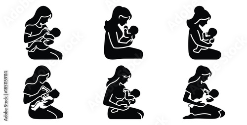 mother feeding baby vector art icon set. Black color  and white background