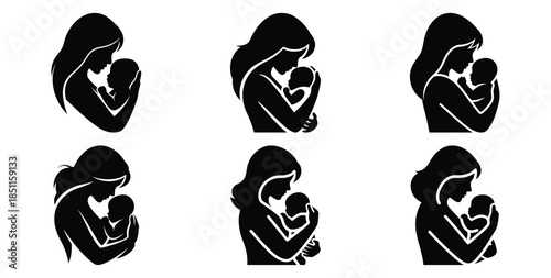 mother holding baby affection vector art icon set. Black color  and white background