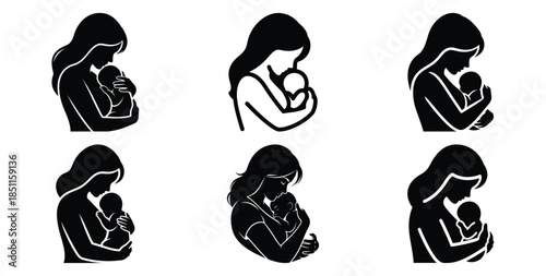 mother holding baby chest vector art icon set. Black color  and white background