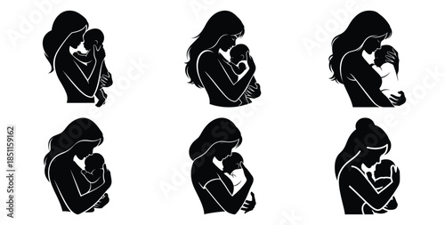 mother holding baby close embrace vector art icon set. Black color  and white background