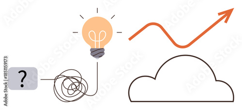 Question mark with tangled wire leading to light bulb, cloud, and upward trend line. Ideal for creativity, innovation, brainstorming, solutions, progress problem-solving growth. Simple flat