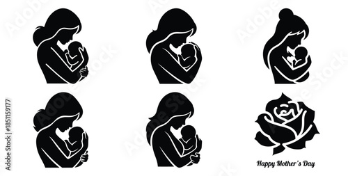 mother holding baby close heart vector art icon set. Black color  and white background