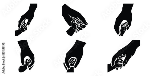 mother holding baby hand vector art icon set. Black color  and white background