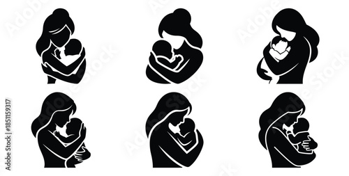 mother holding baby warm hug vector art icon set. Black color  and white background