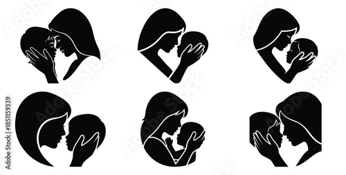 mother holding childs face vector art icon set. Black color  and white background