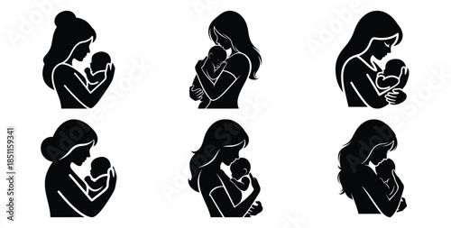 mother holding baby vector art icon set. Black color  and white background