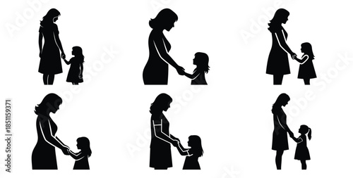 mother holding daughters hand vector art icon set. Black color  and white background