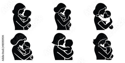 mother hugging toddler vector art icon set. Black color  and white background