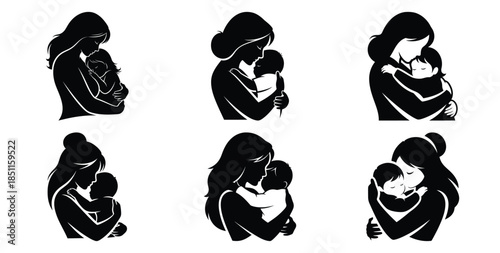 mother hugging child vector art icon set. Black color  and white background