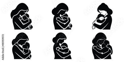 mother hugging child close vector art icon set. Black color  and white background