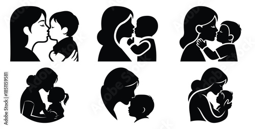 mother kissing child vector art icon set. Black color  and white background