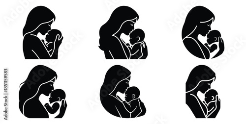 mother kissing baby forehead vector art icon set. Black color  and white background
