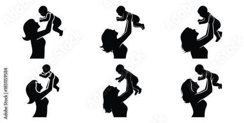 mother lifting baby up vector art icon set. Black color  and white background