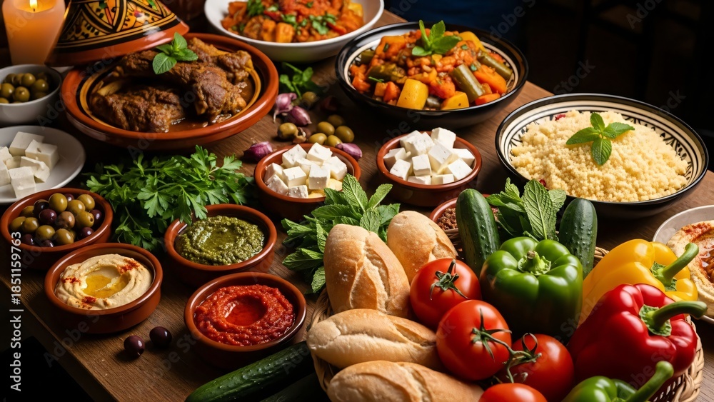 Fototapeta premium Delicious middle eastern cuisine spread on wooden table