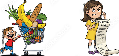 Cartoon children grocery shopping, boy pushing cart with food, girl checking shopping list, kids market activity, healthy eating, family lifestyle