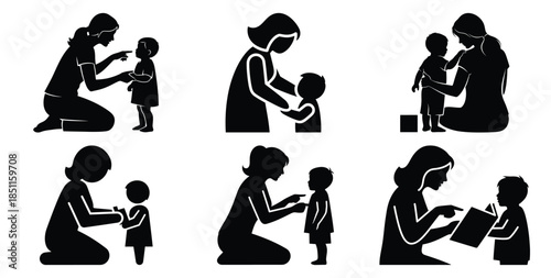 mother teaching child vector art icon set. Black color  and white background