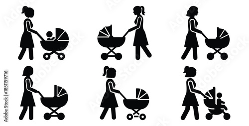 mother walking with stroller vector art icon set. Black color  and white background