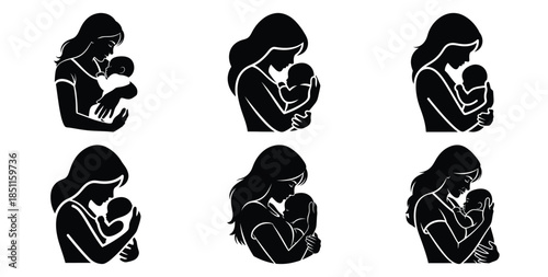 mother with baby caring pose vector art icon set. Black color  and white background