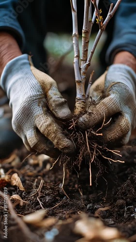 Gardener Planting Young Sapling in Fertile Soil with Gloves Closeup