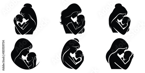 mother with baby gentle pose vector art icon set. Black color  and white background