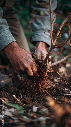 Farmer Planting Young Tree with Shovel in Organic Garden During Daylight