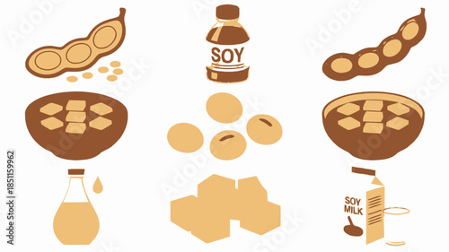 Soy Products in Flat Design with Warm Beige Tones on White Background for Health and Wellness