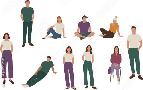 Casual character posture icons, seated standing fashion poses, diverse outfit gesture set, cad drawing flat vector illustration, blackwhite