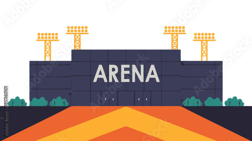 Arena Stadium with Orange Entrance Pathway in Modern Flat Design for Sports Event Promotion
