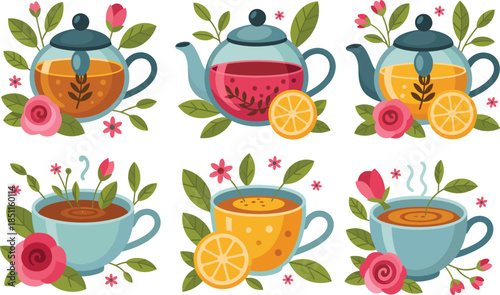 Charming Cartoon Teapots and Cups with Fresh Flowers and Citrus for Herbal Tea Illustration flat vector illustration