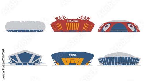 Stadiums Collection in Modern Flat Design with Blue and Orange Colors on White Background for Sports Architecture