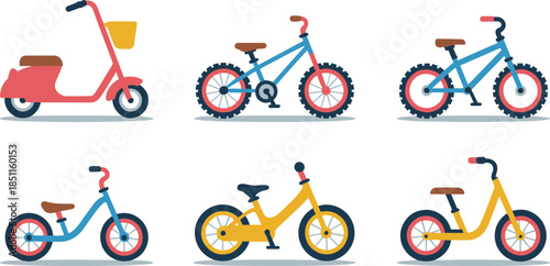 Children’s bicycles and scooters vector set, colorful cartoon transport illustration, balance bike and pedal bike icons for kids, fun riding

 flat vector illustration