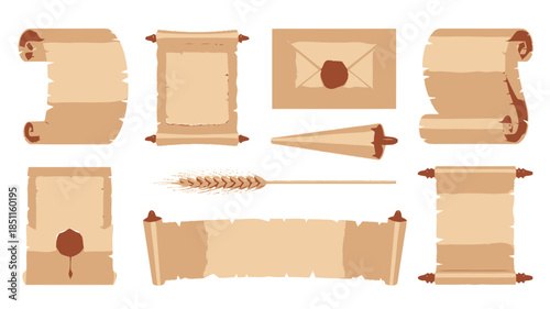 Vintage scrolls and documents in distressed texture with earthy tones and classic design for historical illustration