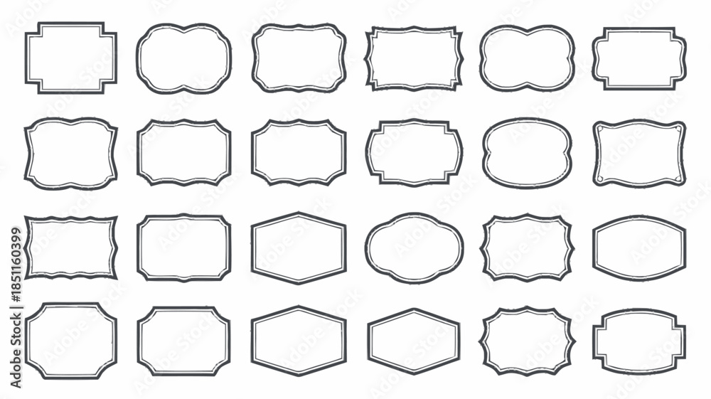 Fototapeta premium Collection of various blank decorative frames in minimalist black outline on white background for graphic design