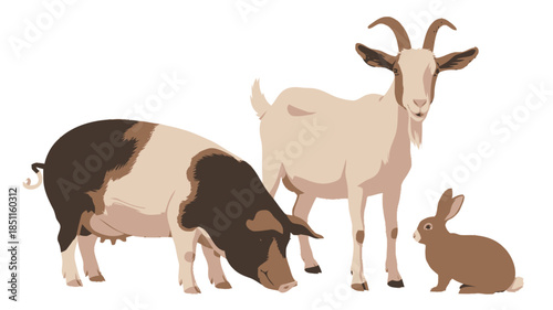 Farm animals in flat design with earthy tones and simple shapes for agricultural illustration