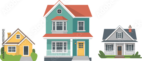 "Set of three colorful residential houses with gardens, modern architecture, suburban homes, cozy living, neighborhood community, exterior design illustration"

 flat vector illustration