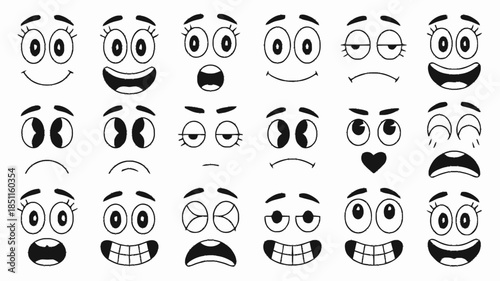 Emoticon Set with Various Facial Expressions in Simple Black and White Line Art for Digital Design