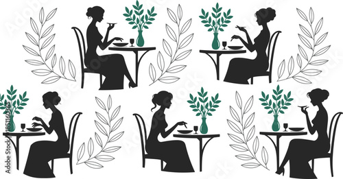 Elegant woman silhouette, drinking tea, cafe scene, table decor, floral elements, relaxing moment, modern lifestyle, femininity, peaceful elegance

 flat vector illustration