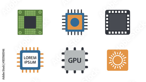 Microchip icons in flat design with bright colors and simple shapes for technology illustration