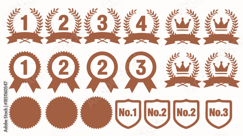 Award badges and ribbons in bronze color with laurel wreath and crown in flat design for achievement recognition