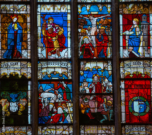 Stained glasses of the cathedral, Ploermel, France