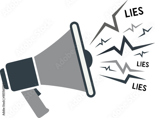 A megaphone broadcasting lies and fake news through broken lines and distorted sound waves. The concept of disinformation, propaganda, manipulation of public opinion and digital threats in the media.
