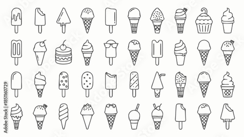 Ice Cream Icons in Minimalist Line Art Style with Black Outline on White Background for Dessert Menu