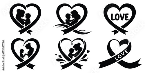 mothers day love ribbon vector art icon set. Black color  and white background
