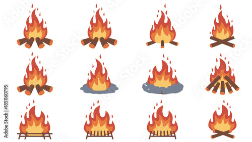 Campfire icons in various styles and settings with warm vibrant colors for outdoor adventure