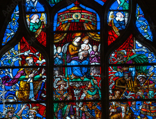 Stained glasses of the cathedral, Ploermel, France