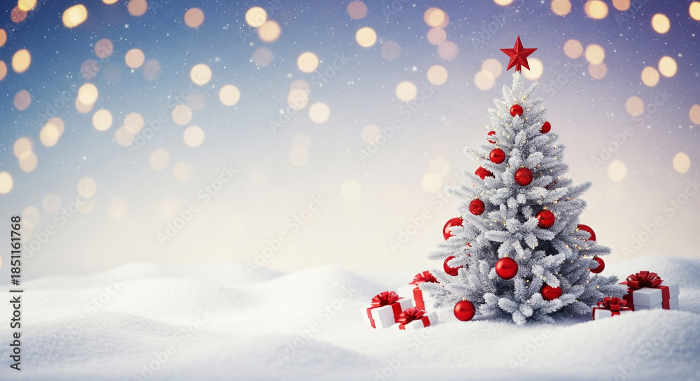 Obraz premium A festive Christmas scene. A snow-covered Christmas tree is centered in the image