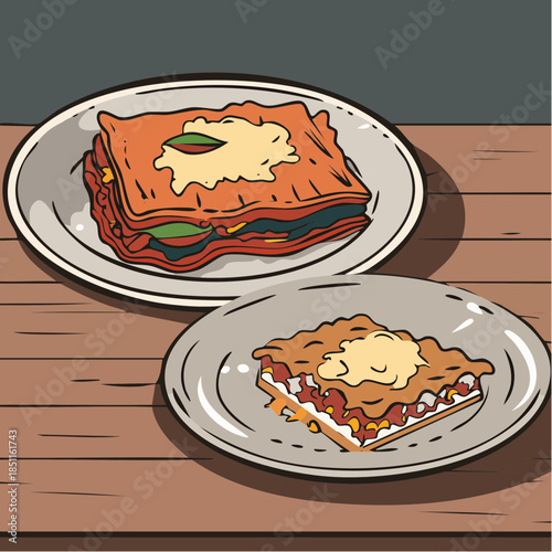Photograph of Rustic Italian Pizza and Lasagna on Wooden Table